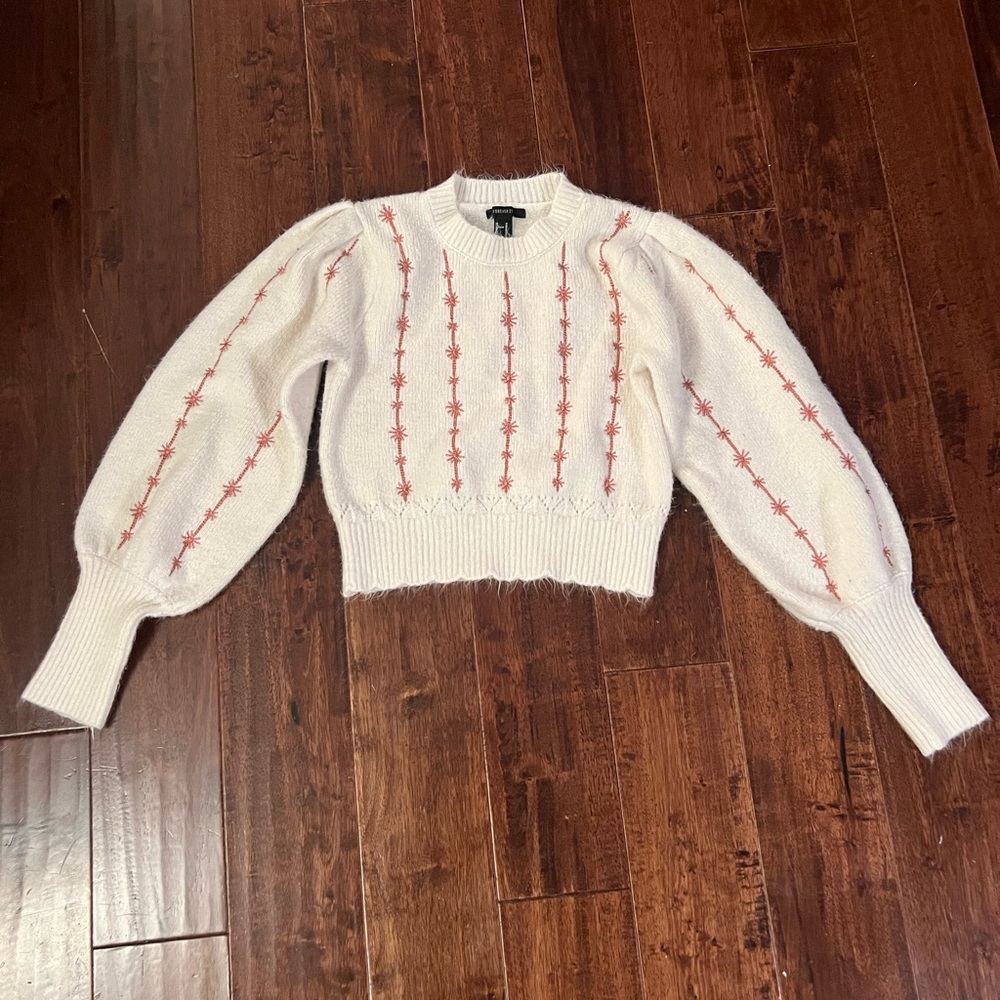 Forever 21 Women's White Sweater with Pink Accents